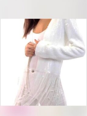 Dolce Cabo White Fringe Sequin Shawl Cardigan
